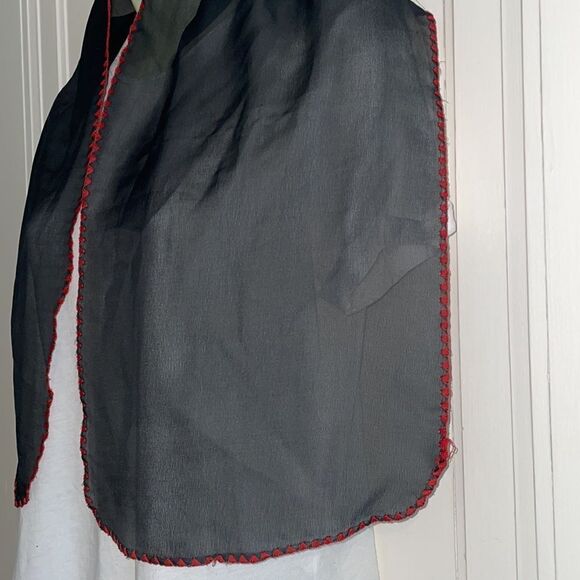 Vintage black chiffon polyester scarf with red crochet border - Picture 2 of 6